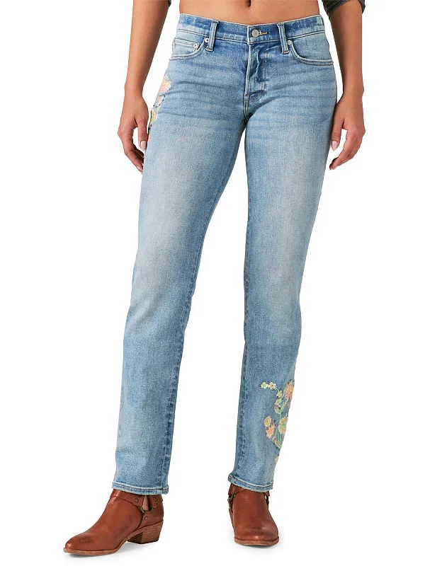 Women's Clothing For Work Womens Floral Embroidered Straight Leg Jeans