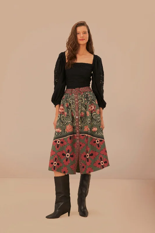 Women's Party Clothes Arabesque Floral Green Buttons Midi Skirt