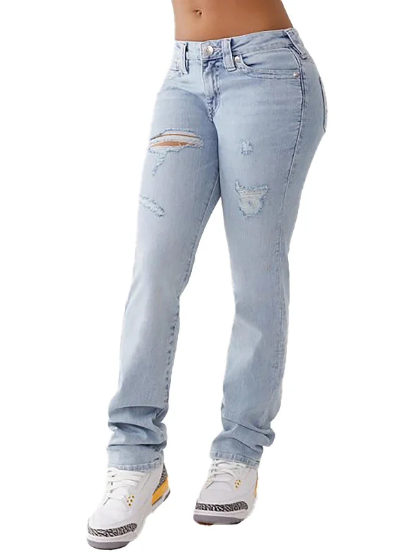 Women's Plus-Size Attire Womens Mid-Rise Destroyed Straight Leg Jeans