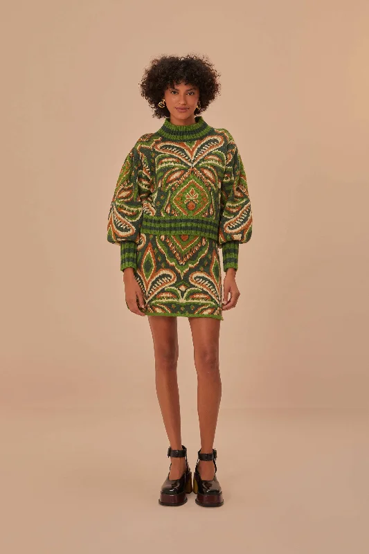 Women's Clothing Sets Green Pinneaple Ikat Knit Mini Skirt