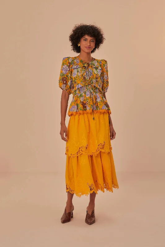 Women's Holiday Clothing Yellow Mustard Tiered Lace Midi Skirt