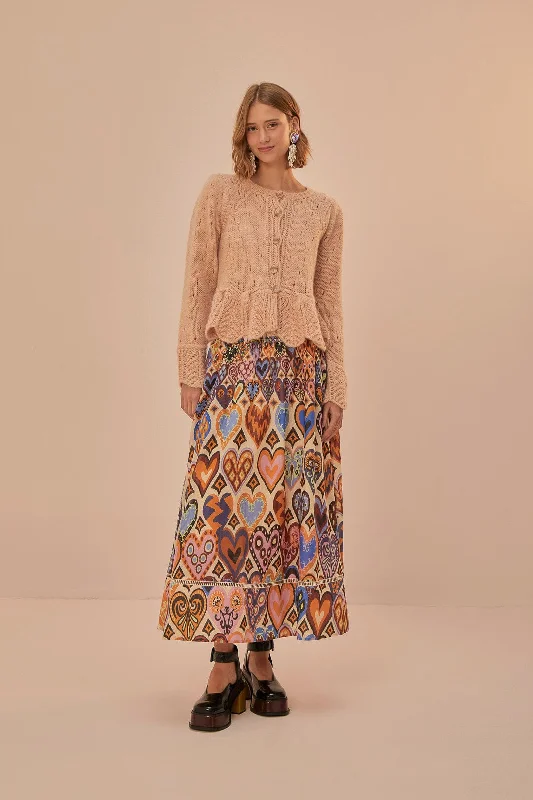 Women's Clothes For Work Cream Hearts Ikat Midi Skirt