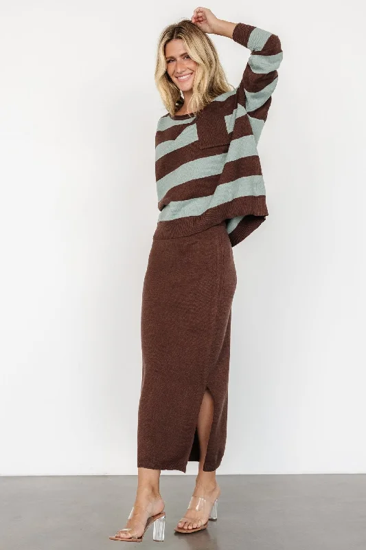 Fashionable Women's Casual Apparel Carlotta Sweater + Skirt Set | Brown + Turquoise