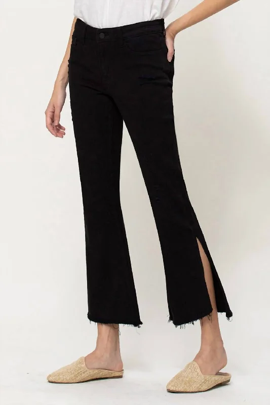 Women's Travel Attire Mid Rise Crop Flare Jean With Side Slit In Black