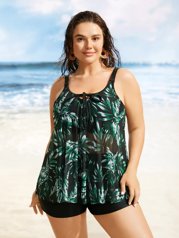 Big Sale Event Tropical Print Tiered Mesh Tie Knot Swim Top