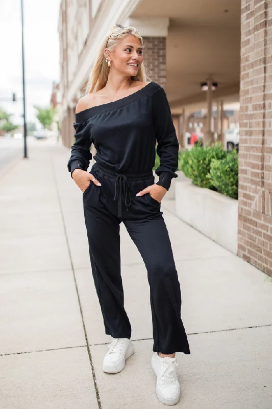 Stylish Women's Apparel Memory Lane Black Off The Shoulder Knit Jumpsuit FINAL SALE