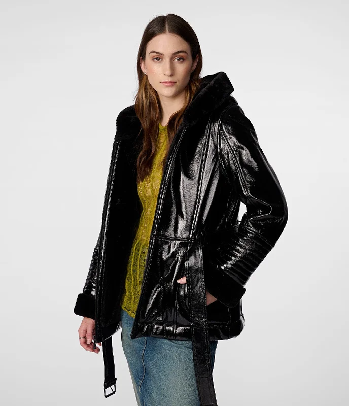 Elegant Women's Evening Garments Gabby Shine Leather Hooded Jacket