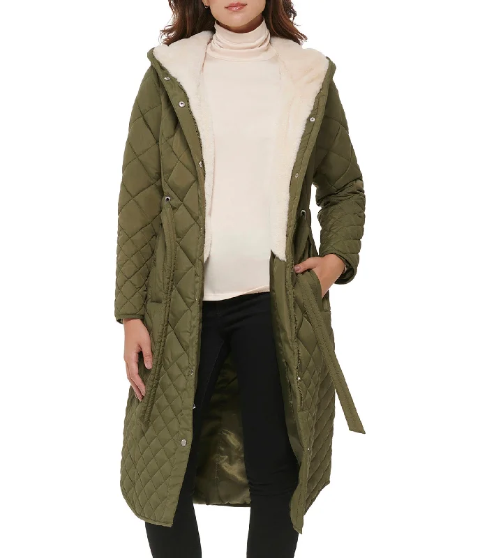 Luxury Women's Fashion Belted quilted long jacket With Faux Sherpa Lining