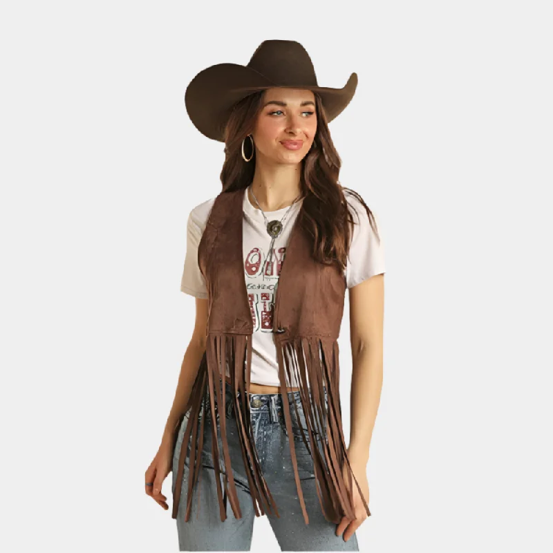 Tailored Clothing For Women Rock and Roll Denim Brown Fringe Vest