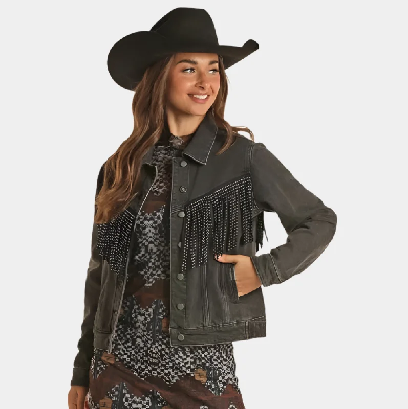 Summer Sale Rock and Roll Denim Black Fringe Jacket