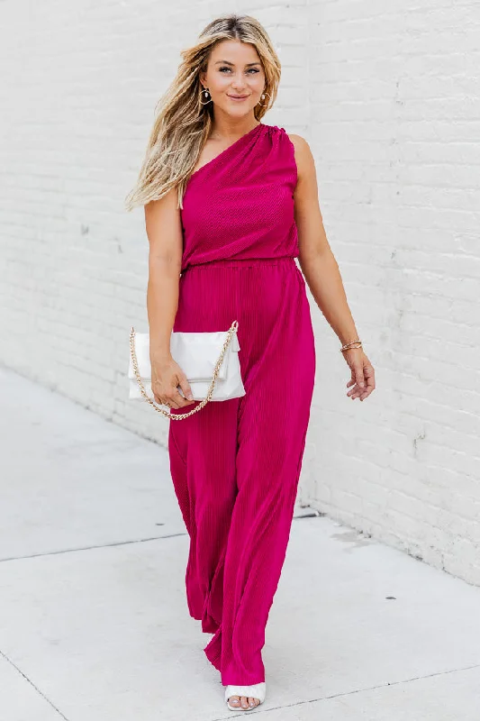 Women's Clothes And Garments Believe Me Berry One Shoulder Plisse Jumpsuit FINAL SALE