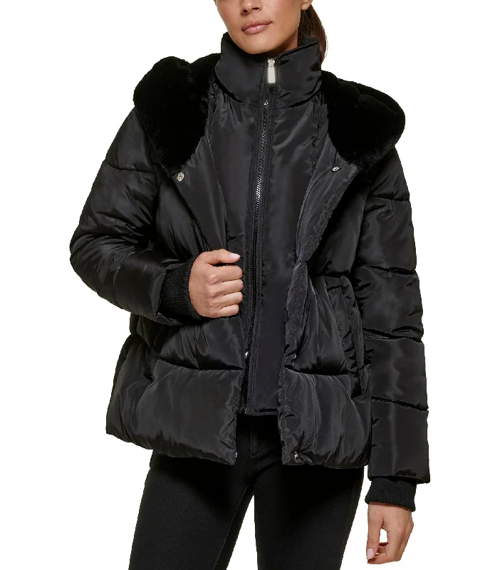 Formal Outfit For Women Quilted Puffer with Bib and Faux Fur Lined Hood