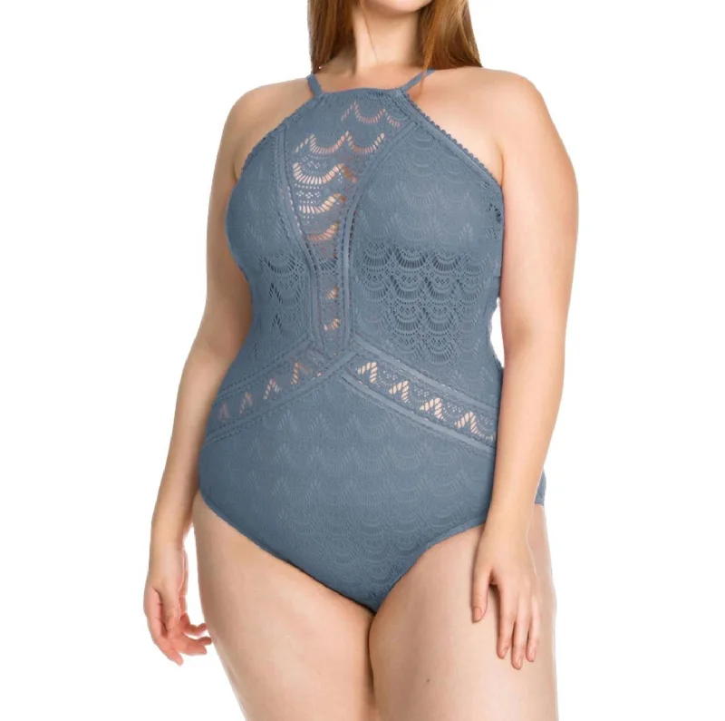 Women's Contemporary Clothing Color Play Lace High Neck One Piece Swimsuit - Plus In Steel