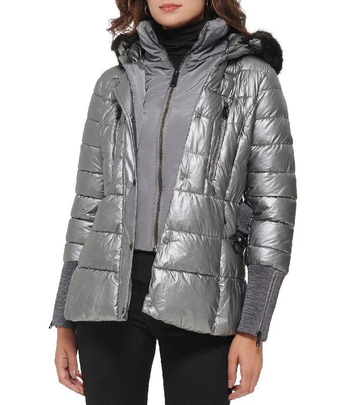 Elegant Women's Clothing Online Apres Ski Crinkle Metallic Belted Coat With Hood