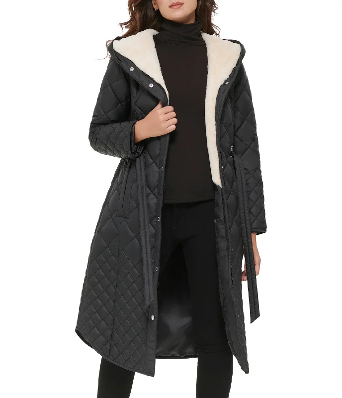 Stylish Everyday Clothing Belted quilted long jacket With Faux Sherpa Lining