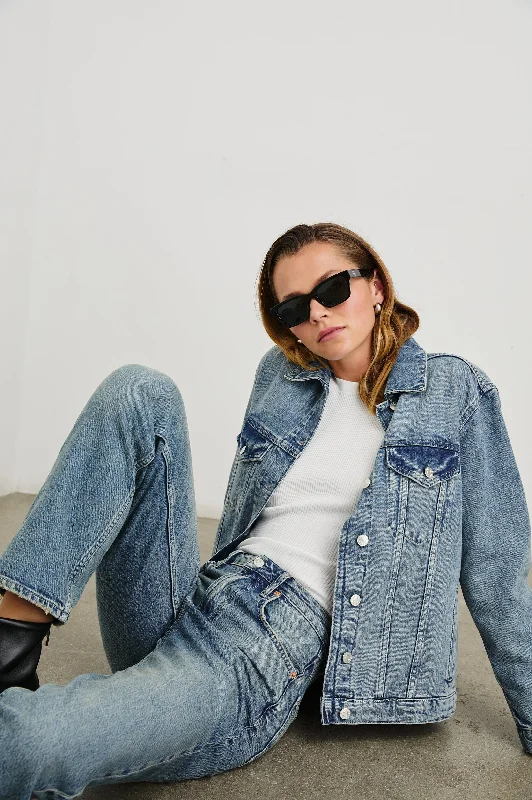 Best Online Boutiques For Women GROVE BOYFRIEND TRUCKER JACKET - EMBOSSED INDIGO