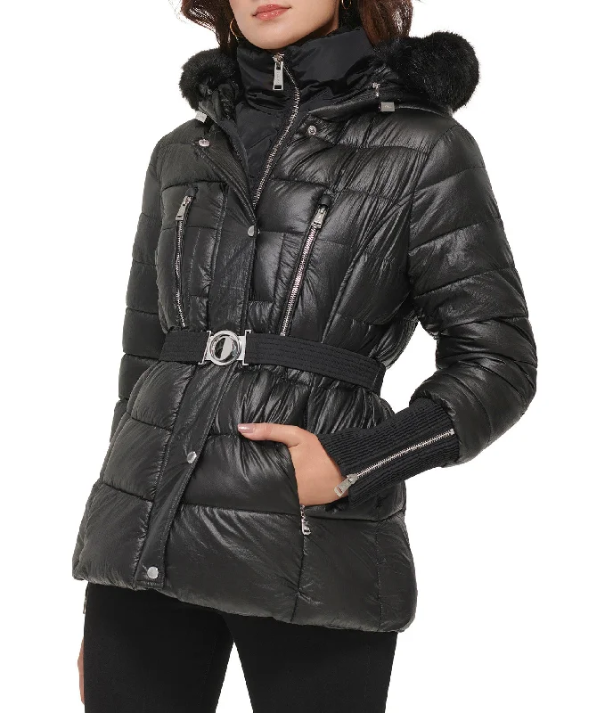 Fashionable Tops for Women Apres Ski Crinkle Metallic Belted Coat With Hood