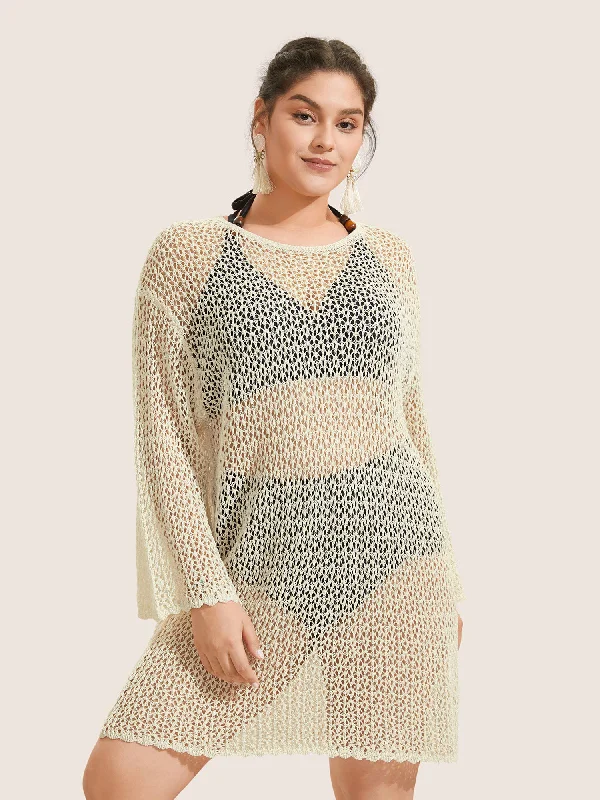 Vintage-Inspired Women's Apparel Plain Textur Pointelle Knit Bell Sleeve Swim Cover Up