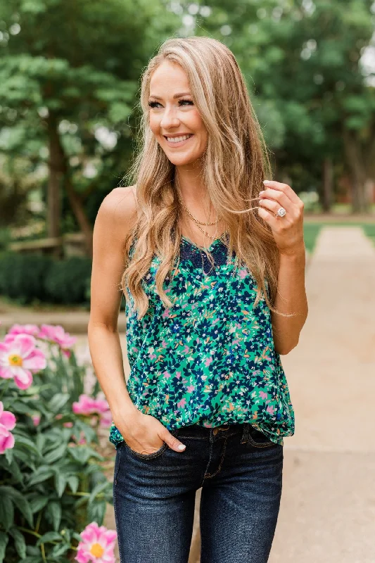 Seasonal Clearance Sale – Big Savings On Trendy Looks Dreaming Of Paradise Floral Tank Top- Green & Navy