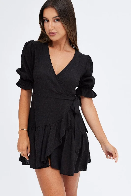 Stylish Clothes For Women Black Fit And Flare Dress Puff Sleeve Linen Blend