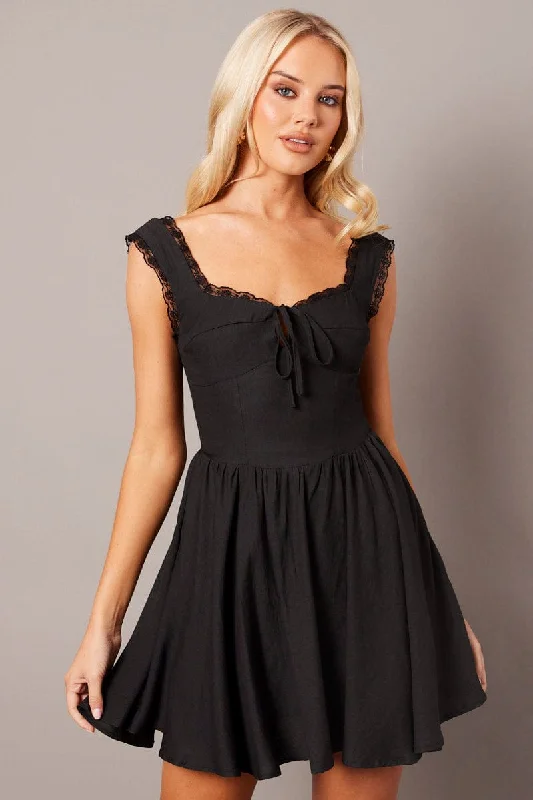 Fashionable Women's Clothing Black Fit and Flare Dress Sleeveless Lace Trim