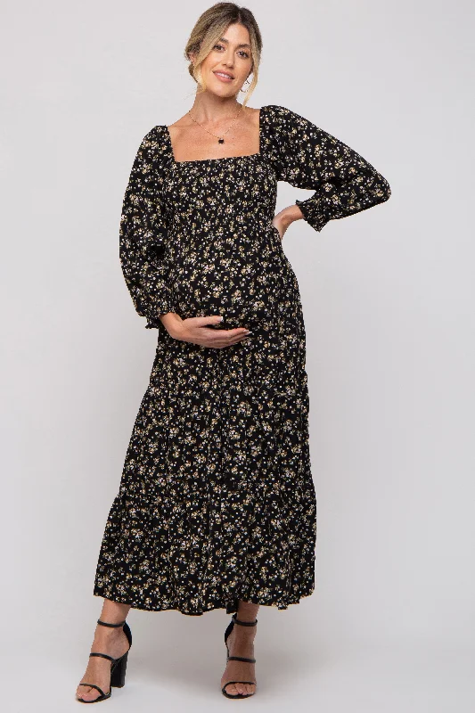 Women's Versatile Apparel Black Floral Smocked Long Sleeve Maternity Maxi Dress