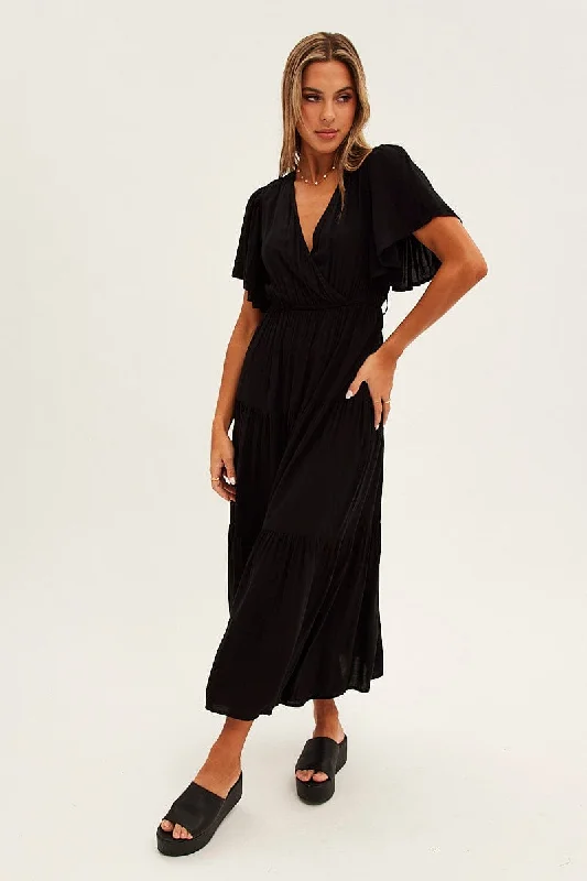 Women's Romantic Outfit Black Maxi Dress Fluter Sleeve Tiered Hem