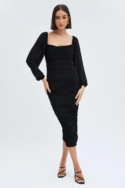 Women Clothes Black Midi Dress Long Sleeve Square Neck Ruched Bodycon