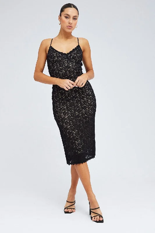 VIP Member Discount Black Midi Dress Sleeveless V-Neck Bodycon Lace Stretch