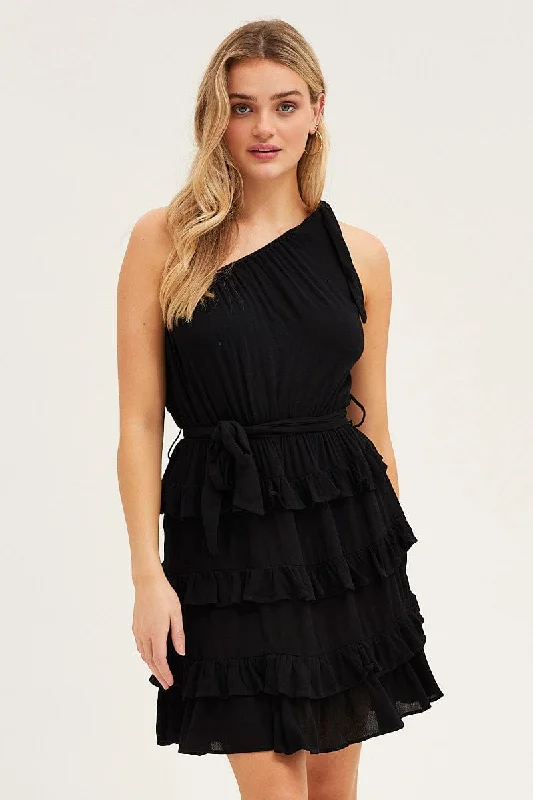 Women's Luxury Apparel Black Mini Dress One Shoulder Sleeveless