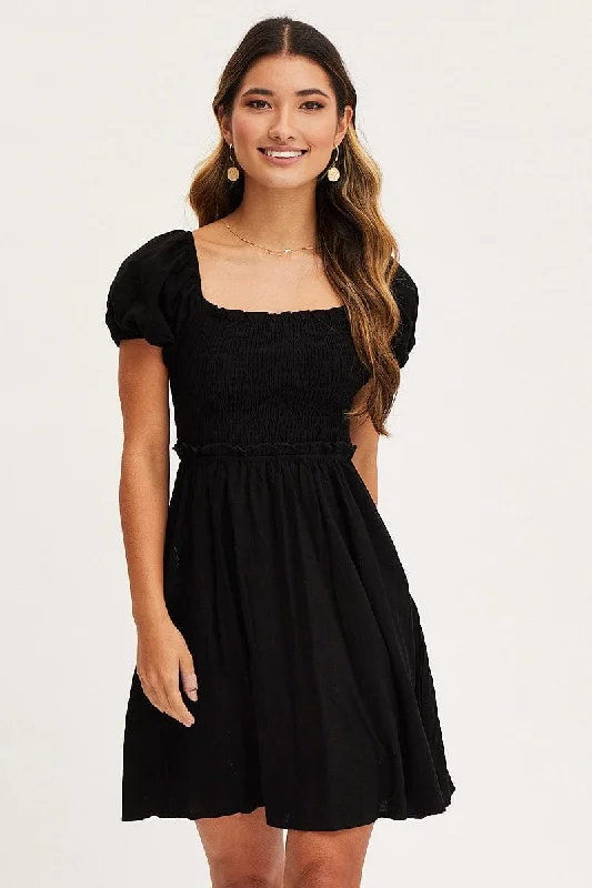 Women's Versatile Apparel Black Mini Dress Short Sleeve Square Neck