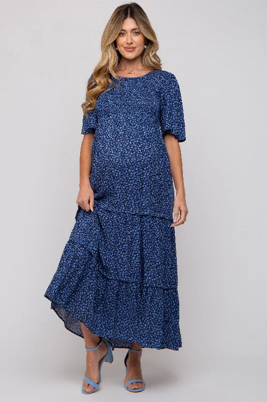 Women's Functional Outdoor Garments Blue Ditsy Floral Smocked Ruffle Tiered Maternity Midi Dress