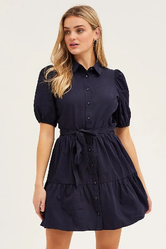 Women's Tops And Clothing Blue Puff Sleeve Button Up Tie Waist Tiered Dress