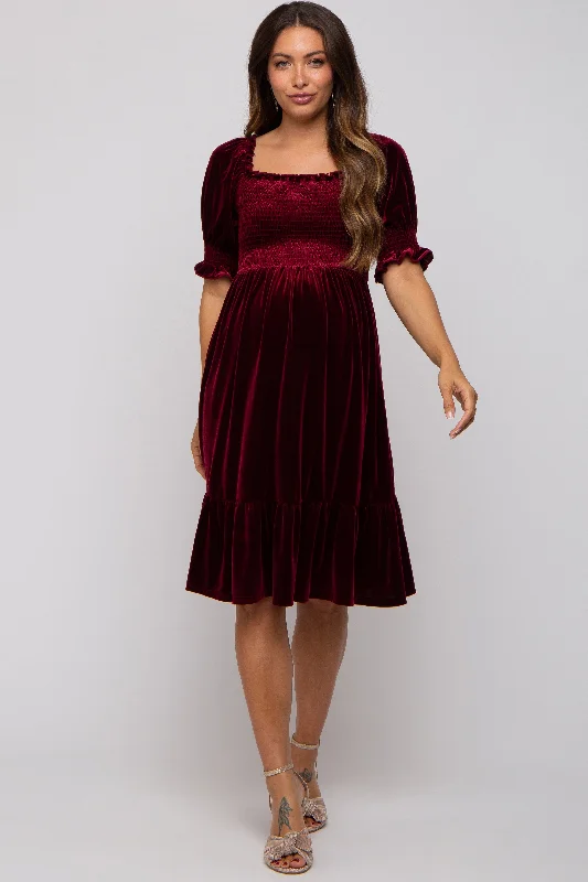 Casual Clothes For Women Burgundy Velvet Smocked Puff Sleeve Maternity Dress