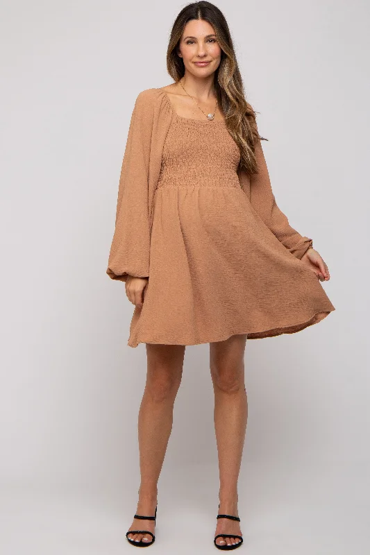 Women's Evening Clothing Camel Tie Back Smocked Long Sleeve Maternity Dress