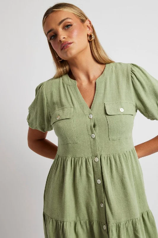 Women's Transitional Garments Green Button Through Mini Dress Collar Linen Blend