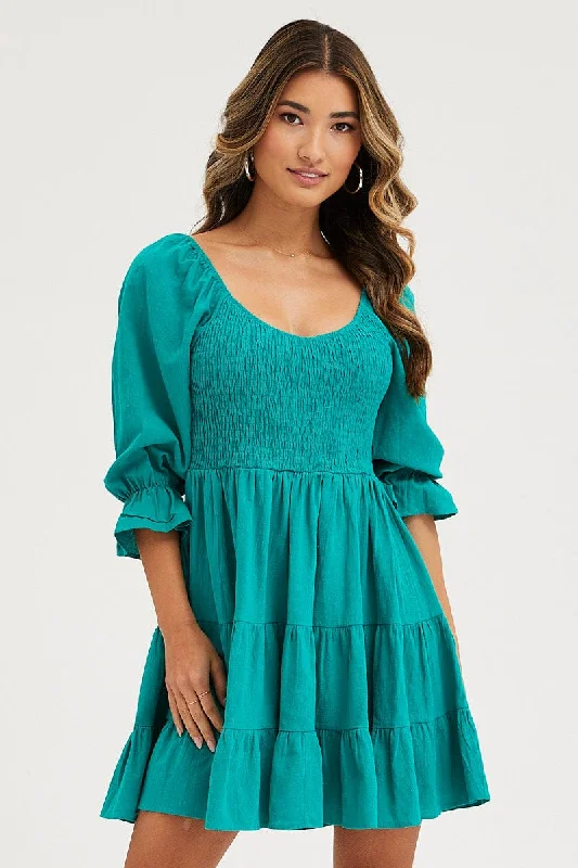 Formal Clothing For Women Green Fit And Flare Dress Long Sleeve Sweetheart Neck