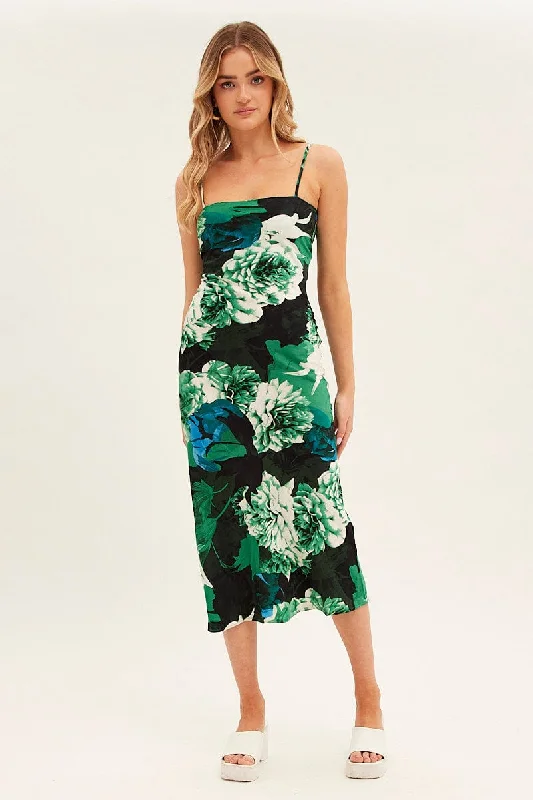 Women's Elegant Clothes Green Floral Slip Dress Midi Strappy Back Floral Satin