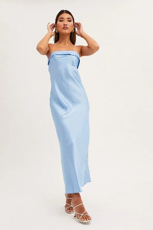 Women's Comfortable Garments Blue Satin Dress Maxi Strapless