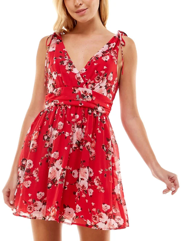 Women's Clothing Brands Juniors Womens Floral Print Surplice Mini Dress