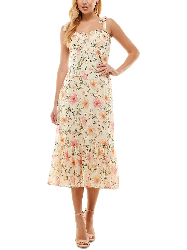 Clothing Brands Juniors Womens Floral Print Tie Shoulder Midi Dress