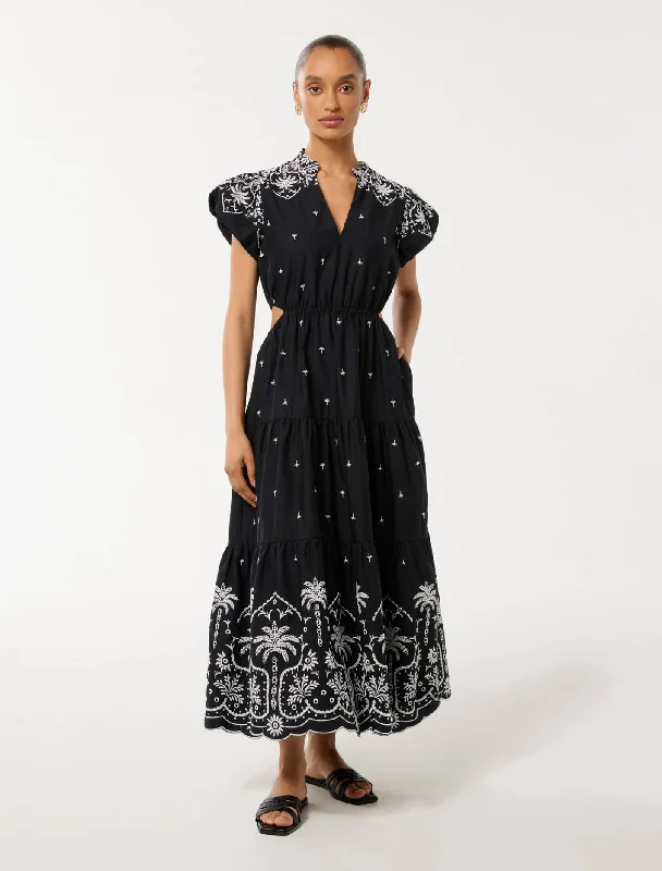 Affordable Women's Apparel Lilo Petite Tiered Embroidery Midi Dress