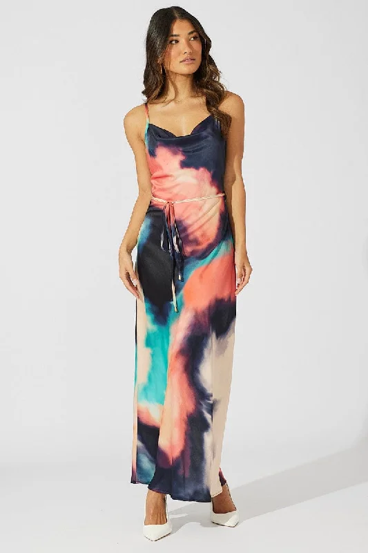 Women's Clothing With Trendy Designs Multi Abstract Maxi Dress Cowl Neck Satin