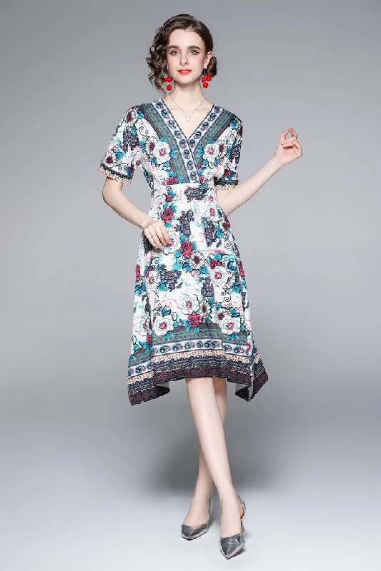 Women's Clothing For Outdoor Events Multicolor Day A-line V-neck Short Sleeve Knee Printed Dress