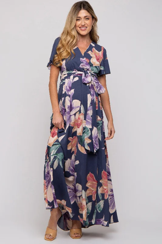 Cheap Women's Clothing Online Navy Floral Wrap V-Neck Maternity Maxi Dress