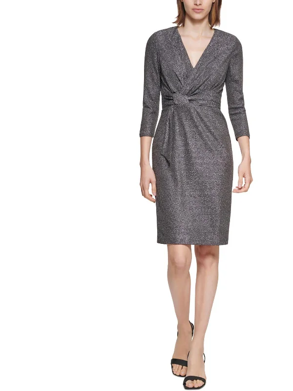 Women's Apparel Petites Womens Knit Metallic Cocktail and Party Dress