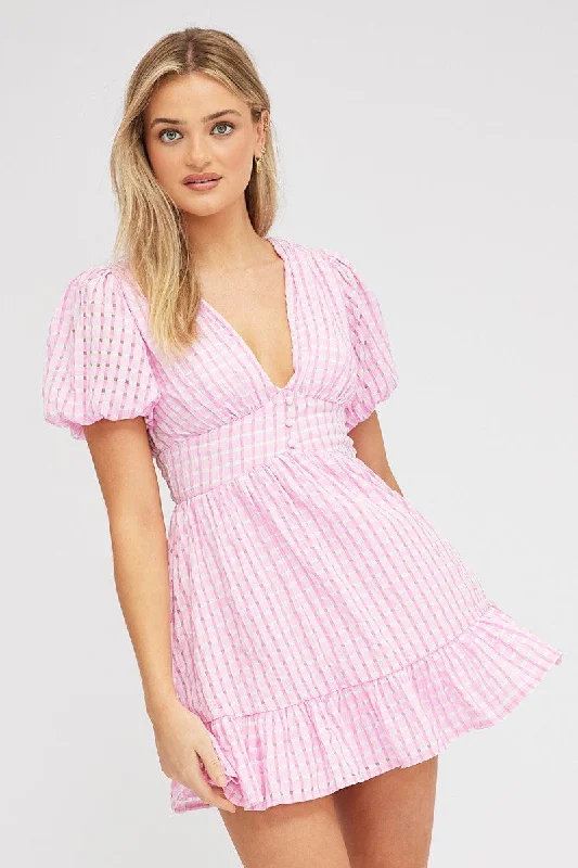 Stylish Women's Outfit Pink Fit And Flare Dress Puff Sleeve Mini