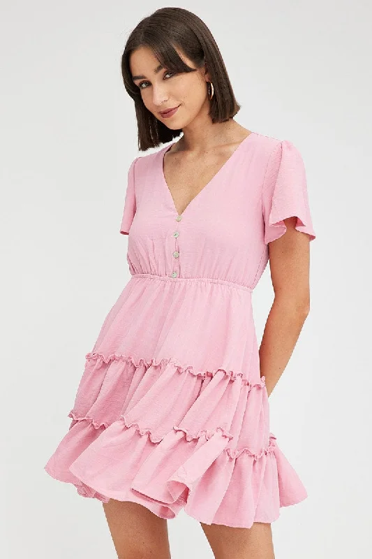 Women's Holiday Outfit Pink Fit And Flare Dress Short Sleeve Mini