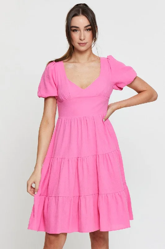 Women's Chic Outerwear Garments Pink Midi Dress Short Sleeve V Neck