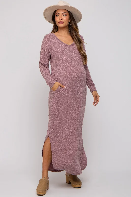 Women's Activewear Garments Plum Heathered Pocketed Long Sleeve Maternity Maxi Dress